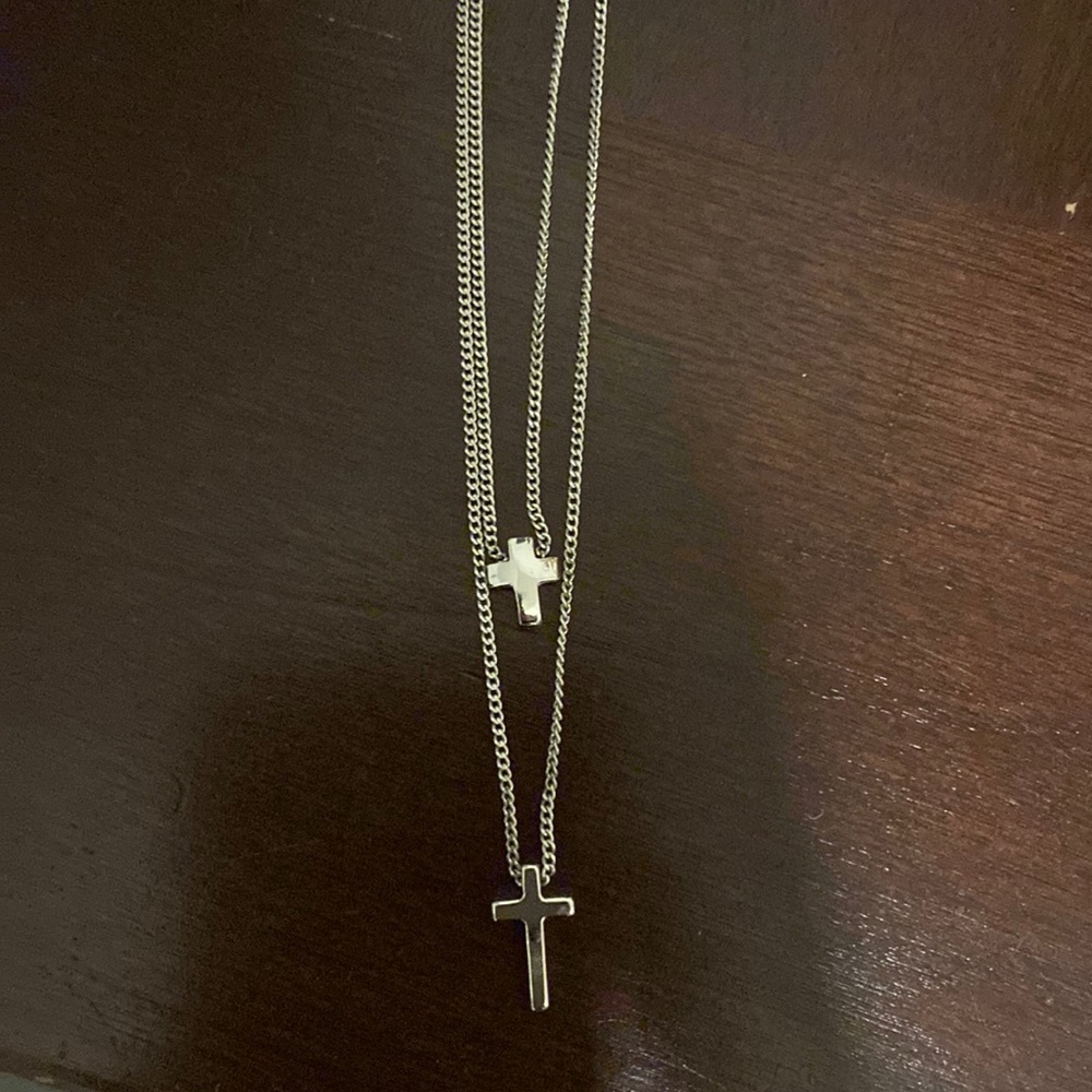 Double Cross Silver Necklace